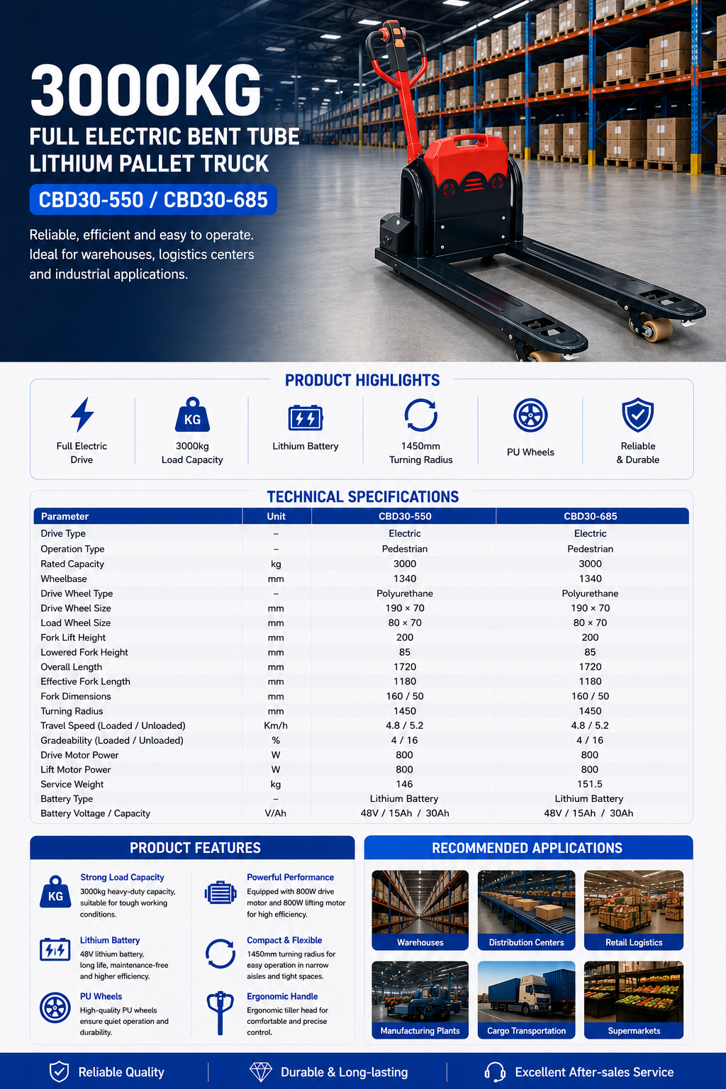 3000kg Full Electric Bent Tube Lithium Pallet Truck detail page